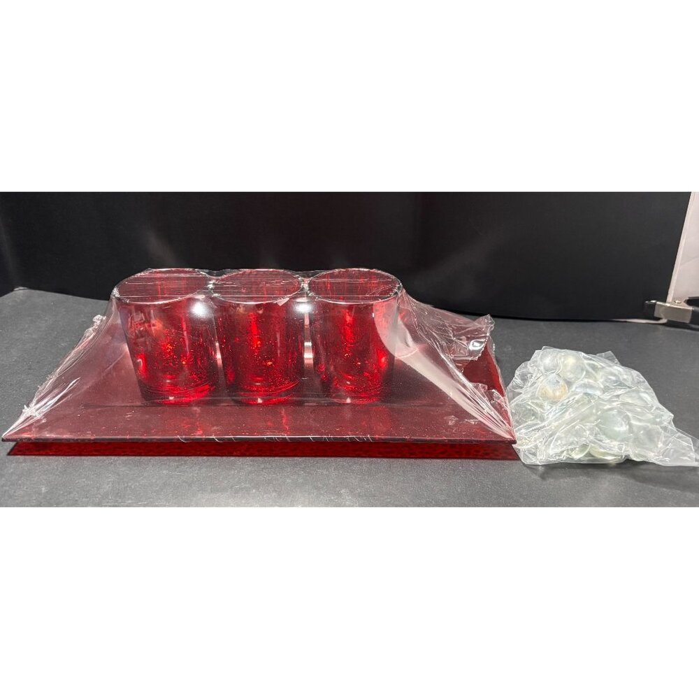 Red Glass Tealight Holder Set With Tray & Decorative Stones 3pc Holiday Festive